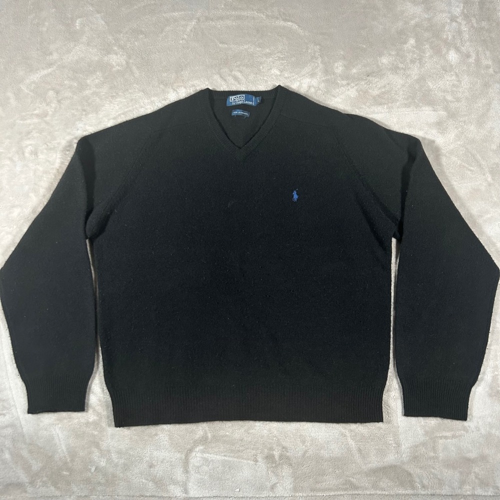 Polo Ralph Lauren Mens V-Neck Sweater Black 100% Lambswool Blue Pony Logo Large - Picture 2 of 12
